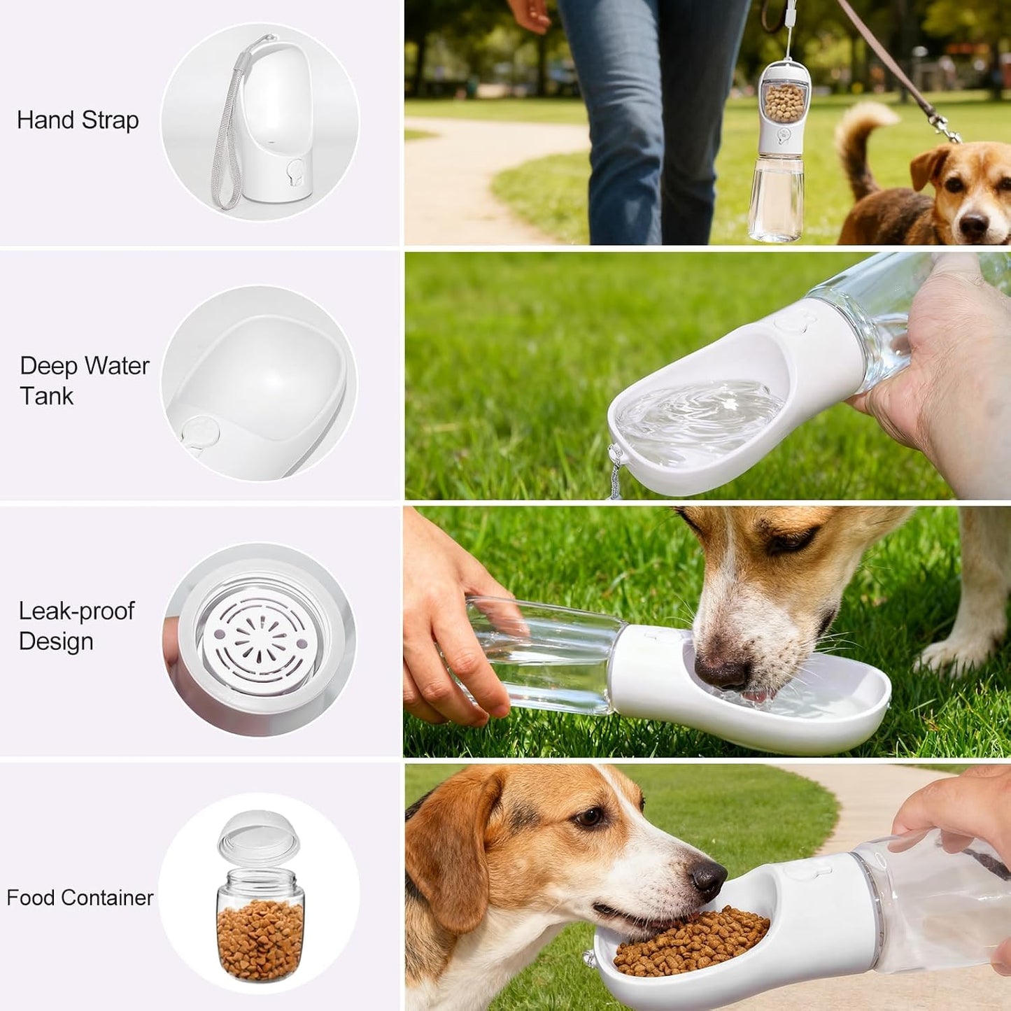 Portable Dog Water Bottle with Food Container, Drinking Bottle for Travel | 2 in 1 Dog Water Bowl, Leak Proof Pet Water Dispenser, BPA Free, Puppy Essentials, for Walking Hiking (White,19Oz)