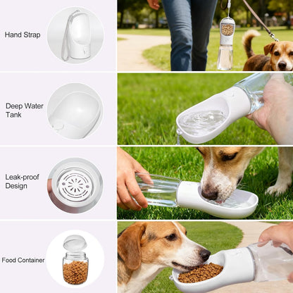 Portable Dog Water Bottle with Food Container, Drinking Bottle for Travel | 2 in 1 Dog Water Bowl, Leak Proof Pet Water Dispenser, BPA Free, Puppy Essentials, for Walking Hiking (White,19Oz)