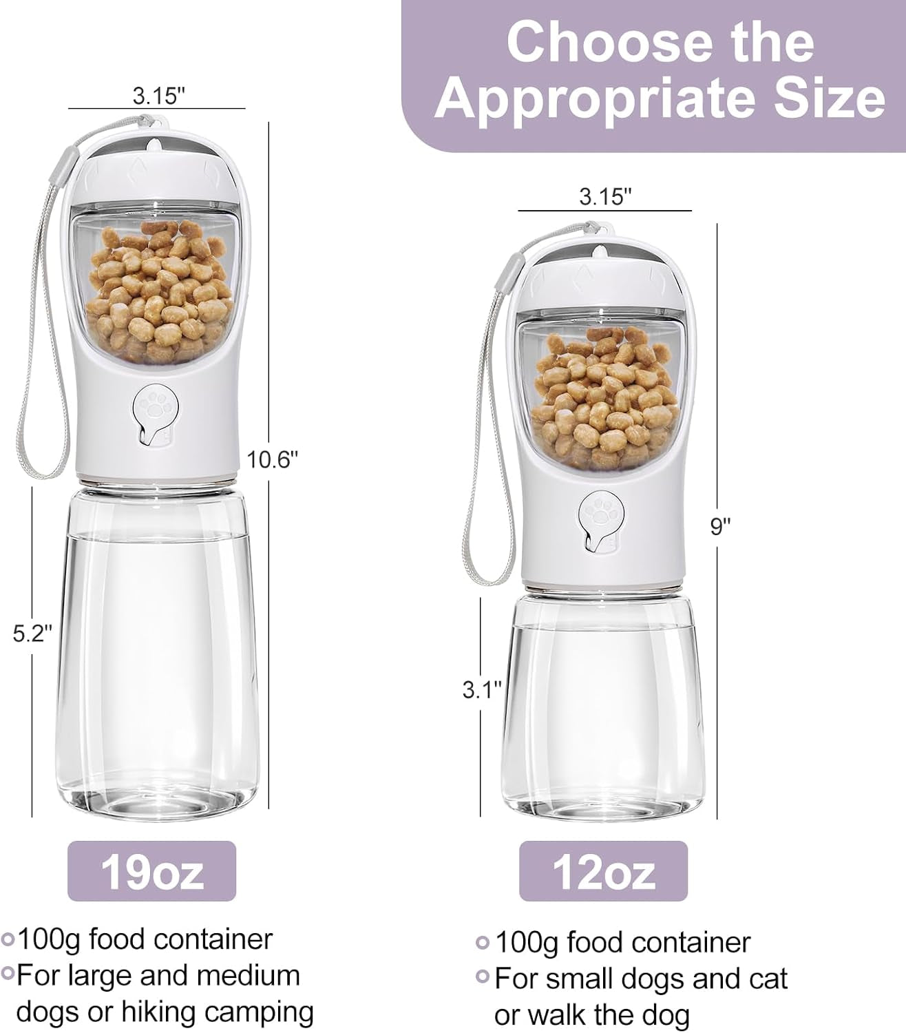 Portable Dog Water Bottle with Food Container, Drinking Bottle for Travel | 2 in 1 Dog Water Bowl, Leak Proof Pet Water Dispenser, BPA Free, Puppy Essentials, for Walking Hiking (White,19Oz)