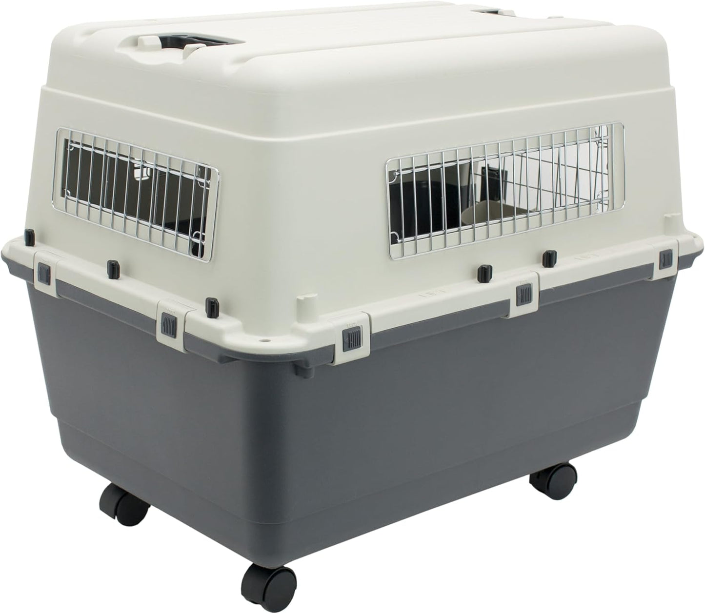 Sportpet Airline Compliant Large 31.5" Travel Dog Kennel - Durable Plastic Pet Carrier with Removable Wheels and Food Bowls, Collapsible for Indoor/Outdoor Use, Suitable for Dogs up to 28"L and 20"H - Cream/Gray