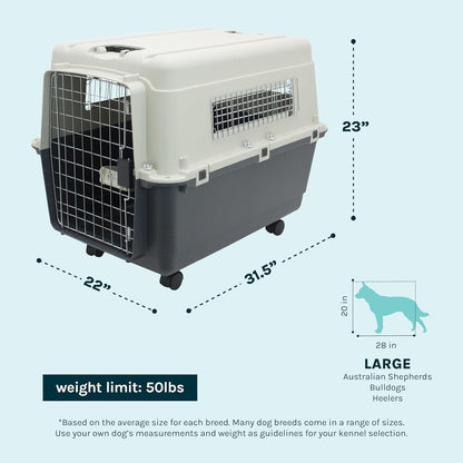 Sportpet Airline Compliant Large 31.5" Travel Dog Kennel - Durable Plastic Pet Carrier with Removable Wheels and Food Bowls, Collapsible for Indoor/Outdoor Use, Suitable for Dogs up to 28"L and 20"H - Cream/Gray