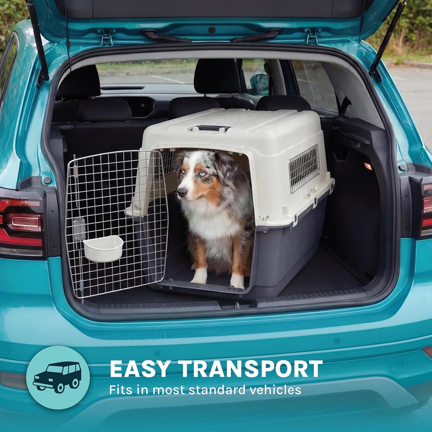 Sportpet Airline Compliant Large 31.5" Travel Dog Kennel - Durable Plastic Pet Carrier with Removable Wheels and Food Bowls, Collapsible for Indoor/Outdoor Use, Suitable for Dogs up to 28"L and 20"H - Cream/Gray