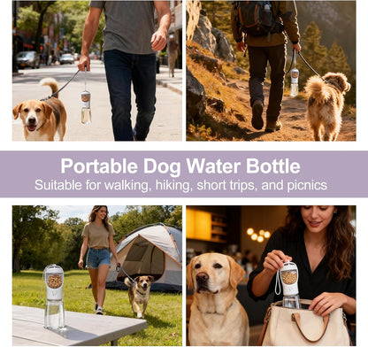 Portable Dog Water Bottle with Food Container, Drinking Bottle for Travel | 2 in 1 Dog Water Bowl, Leak Proof Pet Water Dispenser, BPA Free, Puppy Essentials, for Walking Hiking (White,19Oz)