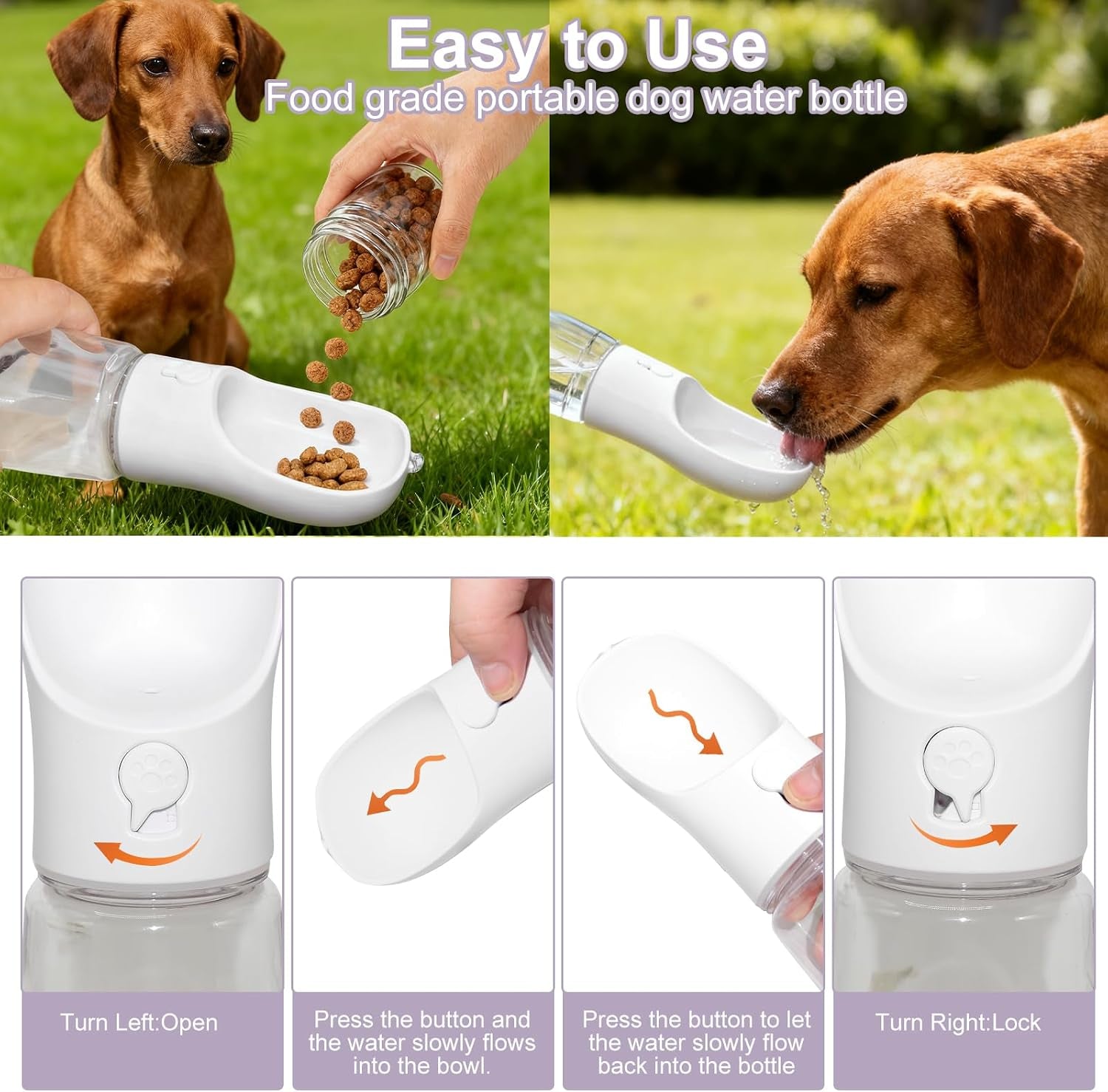 Portable Dog Water Bottle with Food Container, Drinking Bottle for Travel | 2 in 1 Dog Water Bowl, Leak Proof Pet Water Dispenser, BPA Free, Puppy Essentials, for Walking Hiking (White,19Oz)