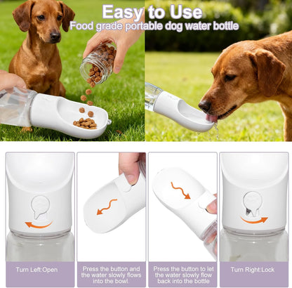Portable Dog Water Bottle with Food Container, Drinking Bottle for Travel | 2 in 1 Dog Water Bowl, Leak Proof Pet Water Dispenser, BPA Free, Puppy Essentials, for Walking Hiking (White,19Oz)