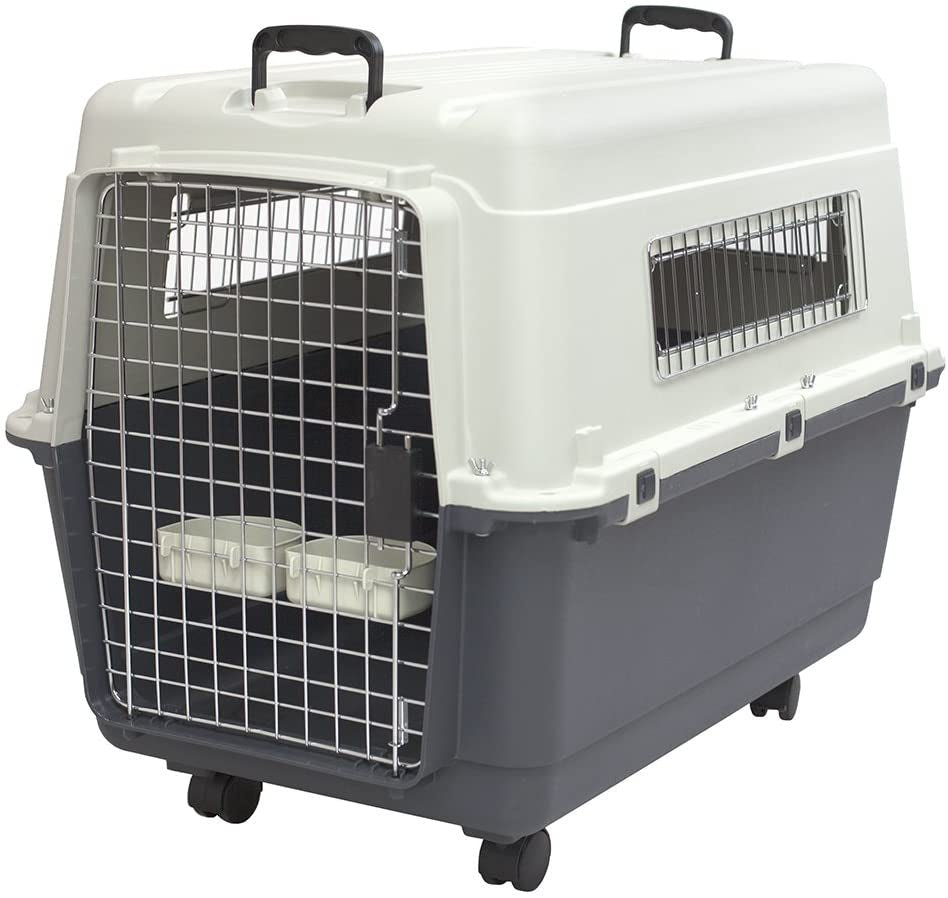 Sportpet Airline Compliant Large 31.5" Travel Dog Kennel - Durable Plastic Pet Carrier with Removable Wheels and Food Bowls, Collapsible for Indoor/Outdoor Use, Suitable for Dogs up to 28"L and 20"H - Cream/Gray