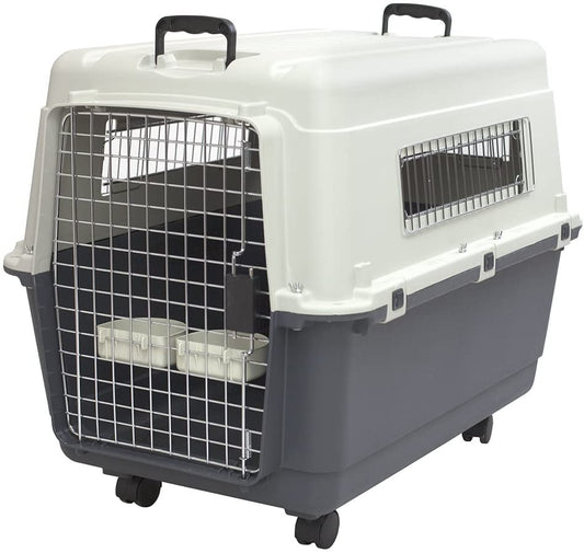 Sportpet Airline Compliant Large 31.5" Travel Dog Kennel - Durable Plastic Pet Carrier with Removable Wheels and Food Bowls, Collapsible for Indoor/Outdoor Use, Suitable for Dogs up to 28"L and 20"H - Cream/Gray