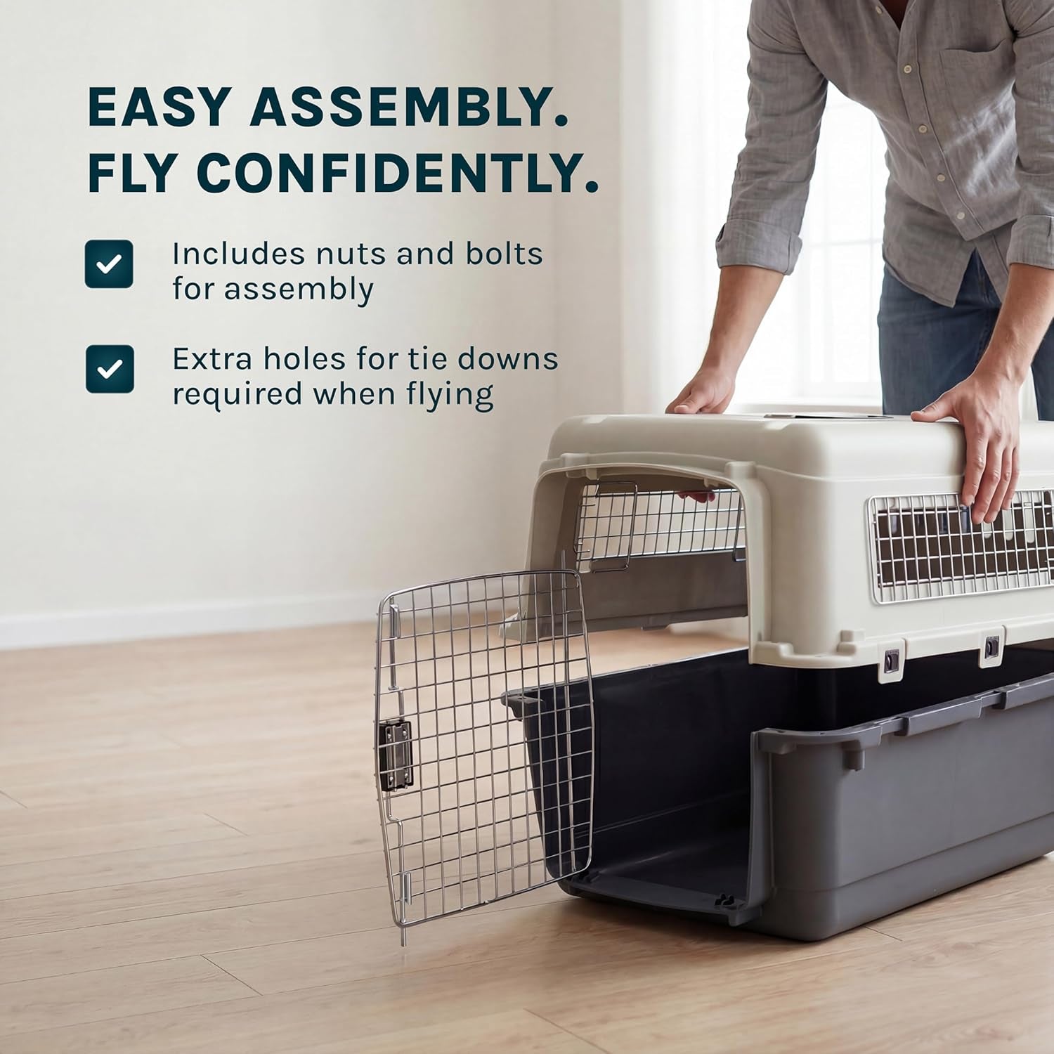 Sportpet Airline Compliant Large 31.5" Travel Dog Kennel - Durable Plastic Pet Carrier with Removable Wheels and Food Bowls, Collapsible for Indoor/Outdoor Use, Suitable for Dogs up to 28"L and 20"H - Cream/Gray