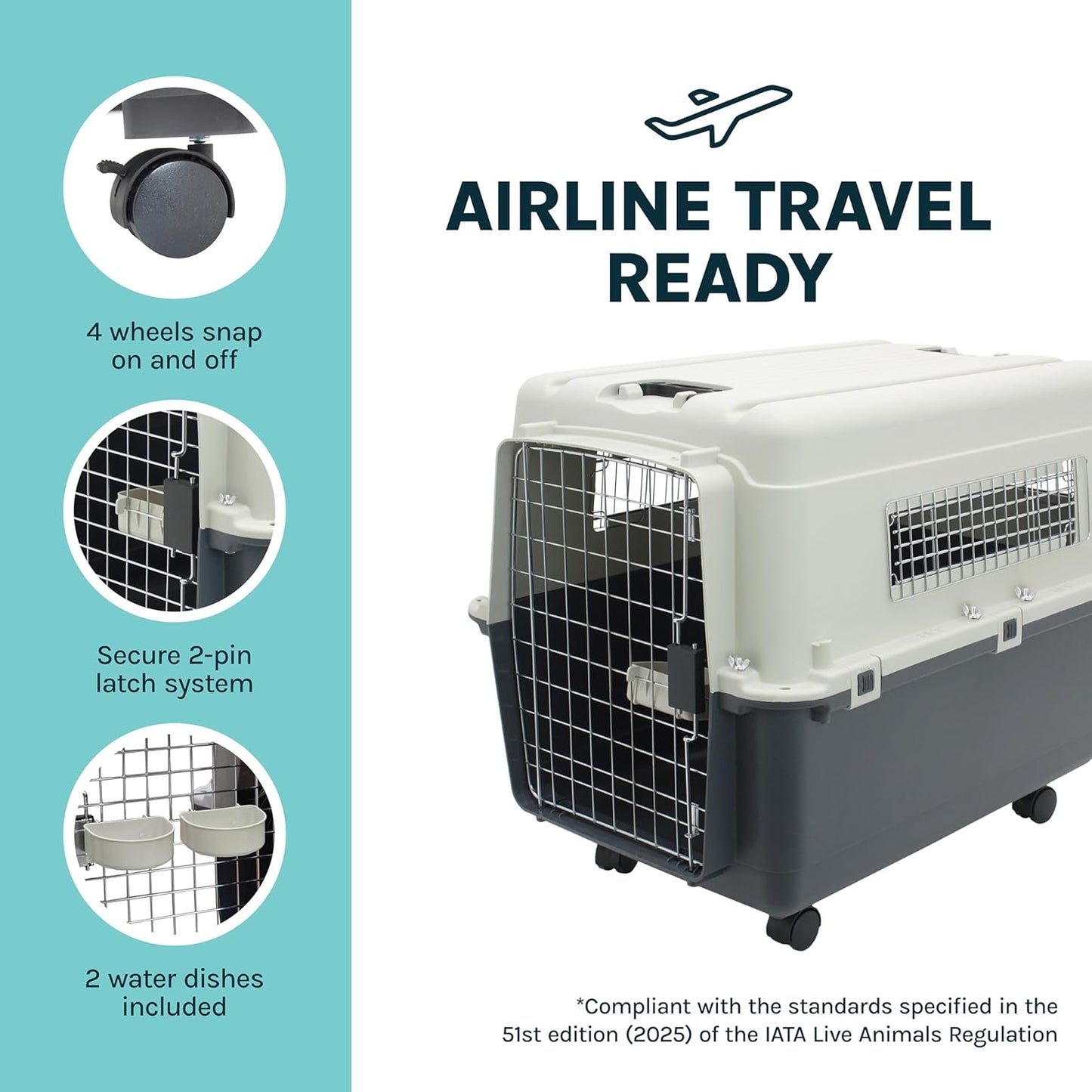 Sportpet Airline Compliant Large 31.5" Travel Dog Kennel - Durable Plastic Pet Carrier with Removable Wheels and Food Bowls, Collapsible for Indoor/Outdoor Use, Suitable for Dogs up to 28"L and 20"H - Cream/Gray