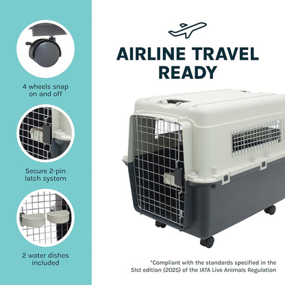Sportpet Airline Compliant Large 31.5" Travel Dog Kennel - Durable Plastic Pet Carrier with Removable Wheels and Food Bowls, Collapsible for Indoor/Outdoor Use, Suitable for Dogs up to 28"L and 20"H - Cream/Gray