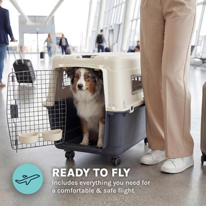 Sportpet Airline Compliant Large 31.5" Travel Dog Kennel - Durable Plastic Pet Carrier with Removable Wheels and Food Bowls, Collapsible for Indoor/Outdoor Use, Suitable for Dogs up to 28"L and 20"H - Cream/Gray