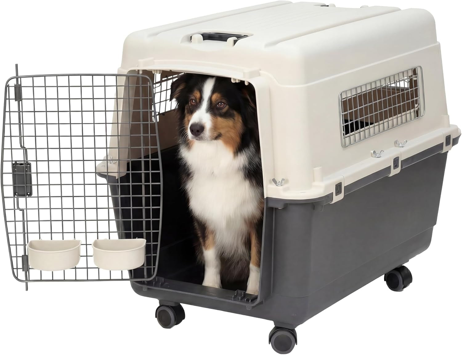 Sportpet Airline Compliant Large 31.5" Travel Dog Kennel - Durable Plastic Pet Carrier with Removable Wheels and Food Bowls, Collapsible for Indoor/Outdoor Use, Suitable for Dogs up to 28"L and 20"H - Cream/Gray