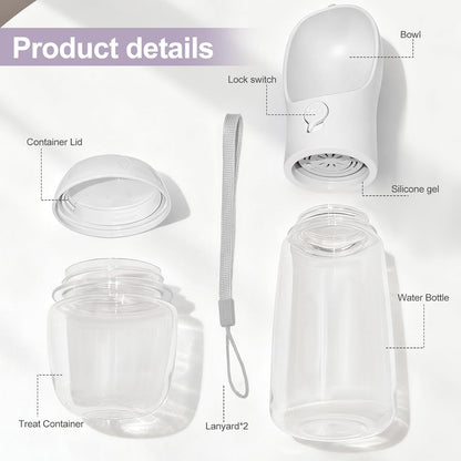 Portable Dog Water Bottle with Food Container, Drinking Bottle for Travel | 2 in 1 Dog Water Bowl, Leak Proof Pet Water Dispenser, BPA Free, Puppy Essentials, for Walking Hiking (White,19Oz)