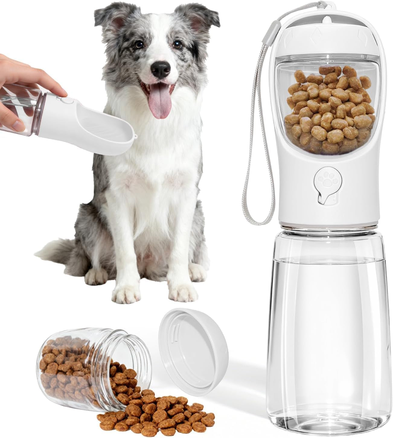 Portable Dog Water Bottle with Food Container, Drinking Bottle for Travel | 2 in 1 Dog Water Bowl, Leak Proof Pet Water Dispenser, BPA Free, Puppy Essentials, for Walking Hiking (White,19Oz)