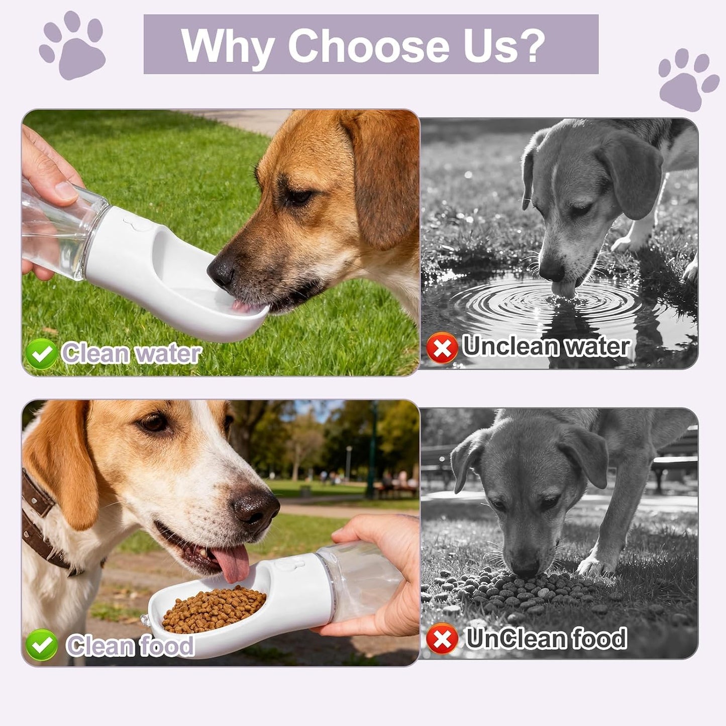Portable Dog Water Bottle with Food Container, Drinking Bottle for Travel | 2 in 1 Dog Water Bowl, Leak Proof Pet Water Dispenser, BPA Free, Puppy Essentials, for Walking Hiking (White,19Oz)